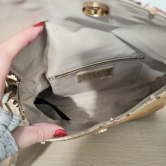 Nicole Miller Gold Sequin Shoulder Bag Purse Small Fold Over Snap Closure Party - Picture 3 of 5